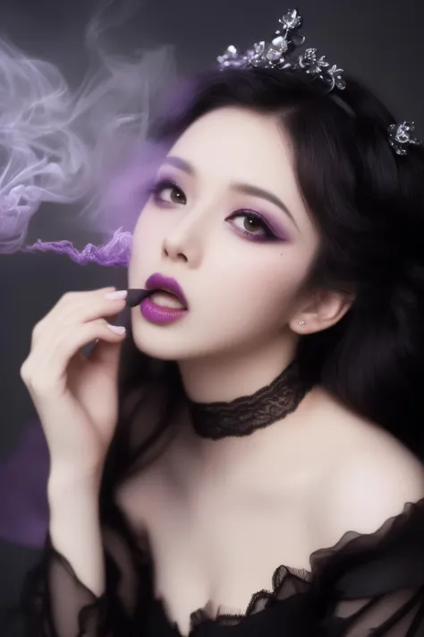 (Masterpiece, best picture quality, master work), epic composition, Tower of Doom,(Gothic Eyeliner), Gothic eyeshadow, Gothic costume, purple tone,(photo focus,DOF, aperture, crazy detail, elegance, gorgeous, exotic, loving, surreal),(Volume purple smoke),...