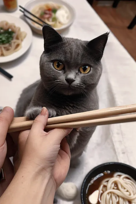 cat ,(pov:1.3),pov_hands handheld chopsticks and eating noodles,sitting,<lora:Chartreux_v3:0.7>,looking at viewer,