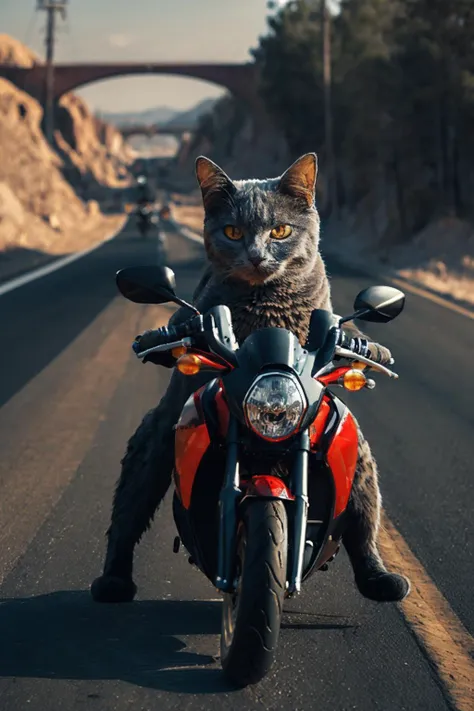 cat,sitting,<lora:Chartreux_v3:0.7>,A cat rides a motorcycle on the road,sunglasses,(from beside:1.2),cool,detailed face,8k,masterpiece,poster