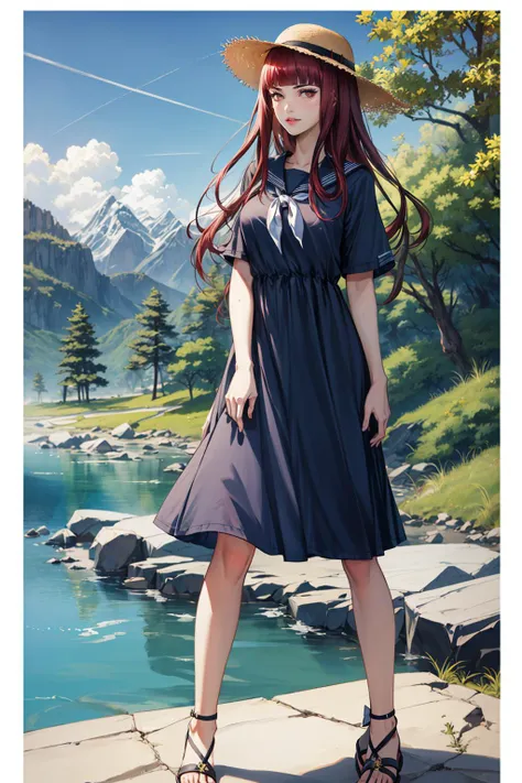 ((masterpiece)), (best quality), official art, extremely detailed CG, unity 8k wallpaper,photorealistic, (vivid color:1.3), 
1girl, sahorismt, red hair, long hair, blunt bangs, large breasts, 
happy, Day at the Park: Sundress, straw hat, and sandals., 
bla...