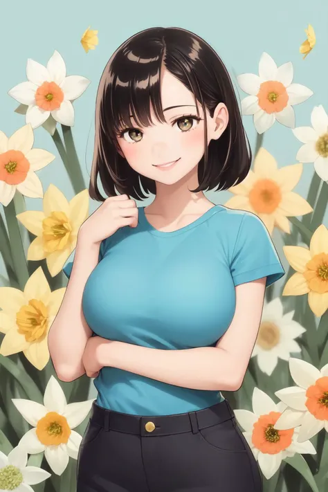 a woman in a blue shirt standing in front of a field of flowers