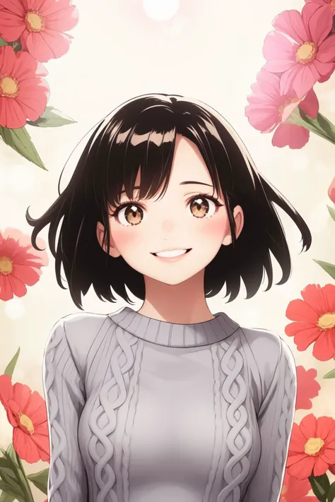 anime girl with short hair and a sweater in front of flowers