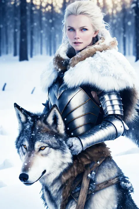 realistic photo modelshoot style, wind of winter, heavy armor, heavy snow, young blond woman with wolf, (RAW photo, 8k uhd, film grain), extremely delicate and beautiful, 8k, soft lighting, high quality, highres, sharp focus, extremely detailed