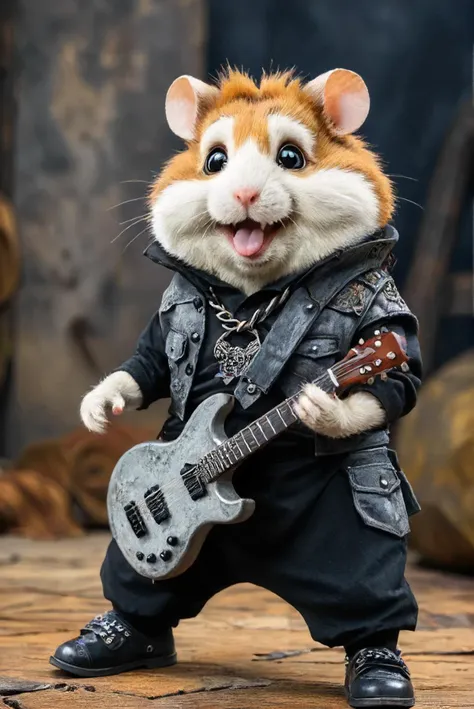 a close up of a hamster with a guitar and a jacket