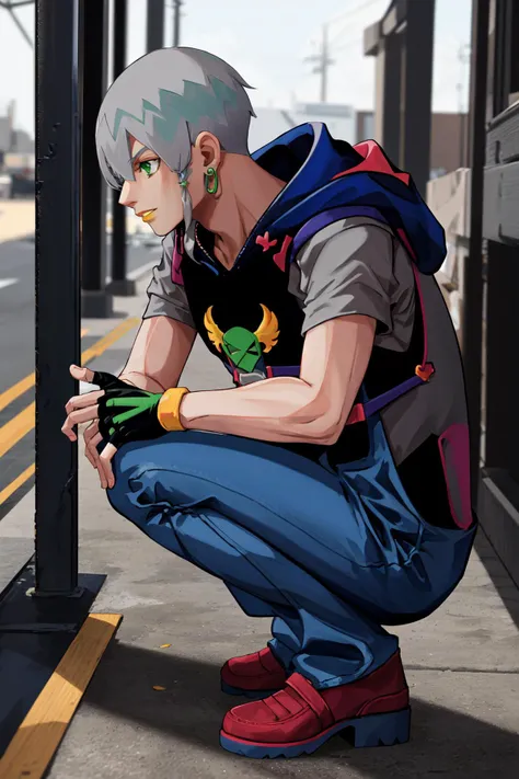 masterpiece, best quality, highres, 1boy grey hair green eyes earrings, blue hoodie short sleeves shirt pants fingerless gloves blue overalls <lora:jodio:1> squatting, from side