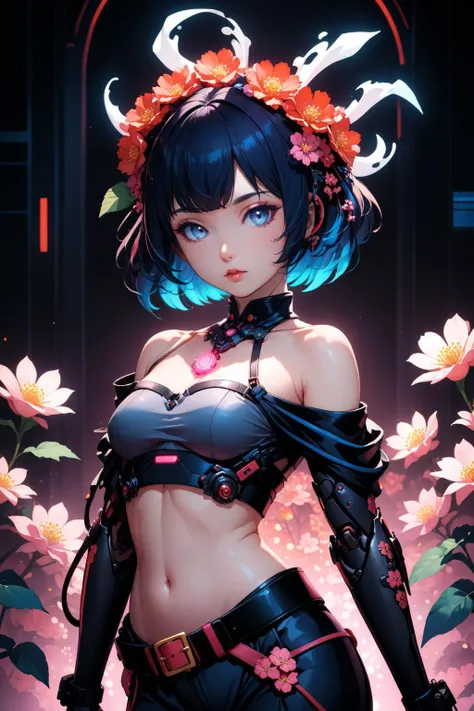 <lora:LCMTurboMix_Euler_A_fix:0.7>, Art by Katsushika Hokusai, (ilya kovshinov:1.2), a portrait of pretty cyberpunk girl, luminescence, 2d cell shaded, soft lighting, flower headdress, belt, off shoulder, (glowing flowers:1.3), navel, (mechanical limbs:1.3...