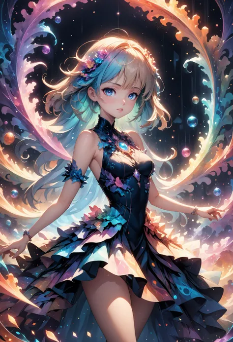 (best quality, masterpiece, colorful, highest detailed) (anime), 1girl wearing a dress made of fractals surrounded by a magical swirling aura