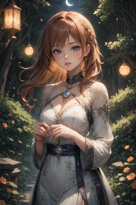 isometric style a 32 year old woman with long, curly brown hair and warm, honey colored skin walks through the moonlit garden, her footsteps silent on the soft grass. she wears a flowing, asymmetrical tunic made of shimmering silk, its fabric embroidered w...