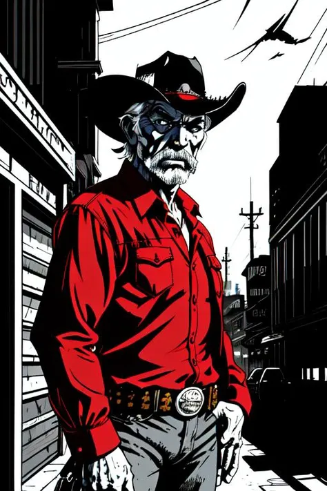 medium shot, old man, cowboy, red shirt, wild west, 
<lora:Immoral_City_v1:0.5>, Sin_City_Style, monochrome, detailed, (prettyeyes:0.75), sharp, HD, HDR, noir style, flat colors,