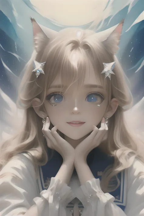 anime girl with blue eyes and white hair with stars in her hair