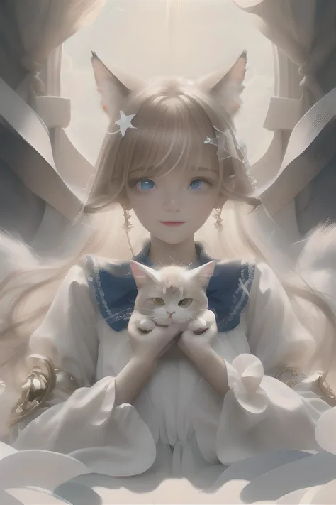 anime girl with white cat and angel wings