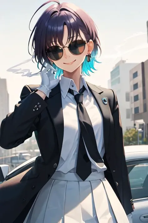 best quality, masterpiece, highres, solo, {black business suit:1.40}, {tie:1.20}, {sunglasses:1.25}, {white gloves:1.15}, {white shirt:1.10}, {black skirt:1.15}, {smoking:1.20}, handsome, {asakura_tooru_theidolmstershinycolors:1.15}, short_hair, bangs, mul...