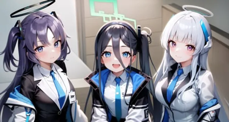 three anime girls in uniform standing next to each other