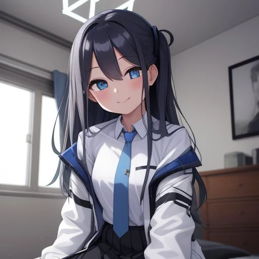 anime girl in uniform sitting on a bed with a blue tie