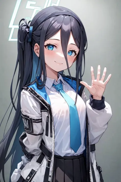 anime girl with long black hair and blue tie posing for a picture