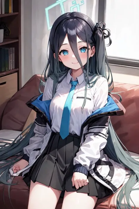 anime girl with long black hair and blue eyes sitting on a couch