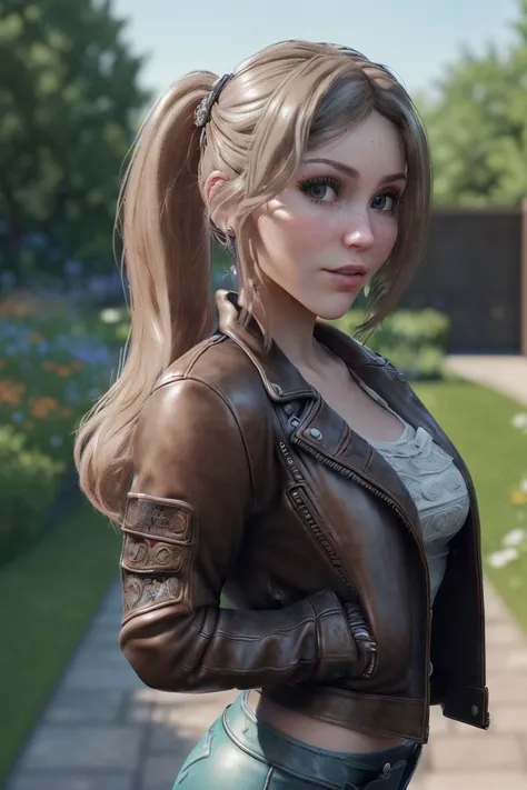 a photo of a hot S059_AvaBamby, in a (garden:1.1), wearing a (well-worn leather-jacket:1.3), (8k, RAW photo, DOF, best quality, ultra high res, absurdres, intricate, photorealistic, masterpiece, ultra-detailed, Unreal Engine:1.35)