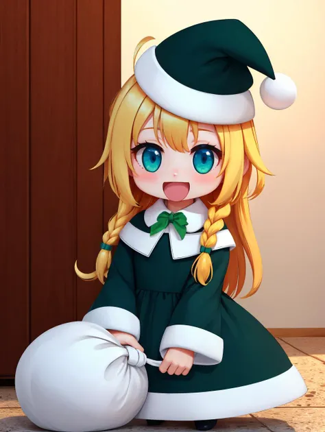 masterpiece, best quality, <lora:Padoru_Meme:.55>, Padoru_Meme, 1girl, blush, smile, open mouth, blonde hair, long sleeves, dress, holding, blue eyes, braid, ahoge, :d, green dress, red headwear, meme, holding sack