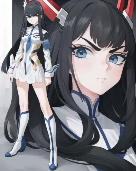 anime girl with long black hair and blue eyes in a white dress