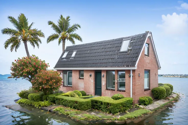 a small red brick house on a small island in the middle of the ocean, shrubbery, rosebush, palmtree, multi levelled  <lora:Grienden_Style:0.8>