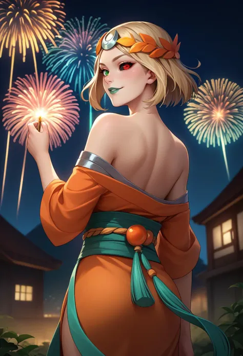 a woman in a dress holding a firework in her hand