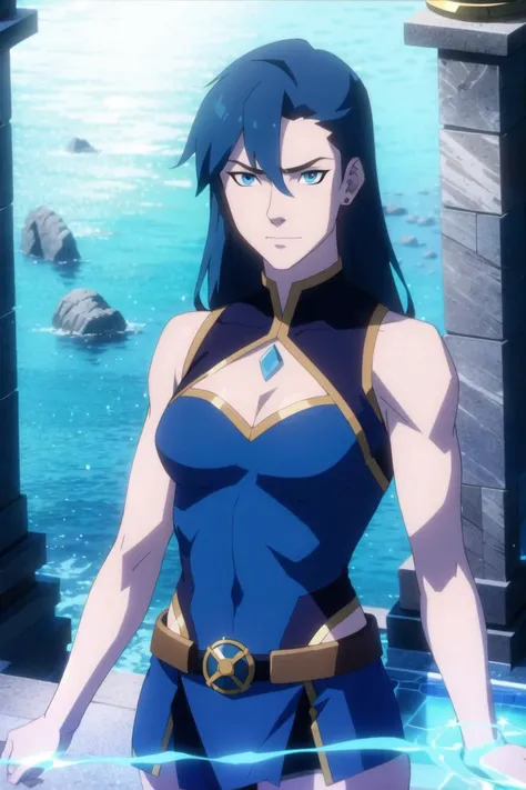 (female focus:1.1), solo, upper body, (1girl:1.1), human, sorcerer, muscular, abs, biceps, (tan skin:1.1), pixie cut, blue hair, (tattoos:1.1), deep blue eyes, (scowling:0.8), half smile, aquamarine pendant, jewelry, dark blue sleeveless dress, midriff pee...