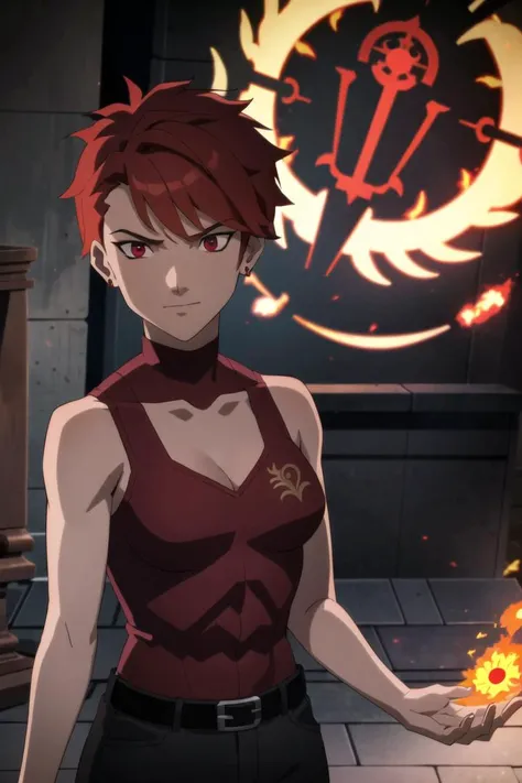 female focus, solo, upper body, 1girl, human, sorcerer, (medium_breasts:1.1), muscular, abs, biceps, (dark skin:1.1), red pixie cut hair, (tattoos:1.1), blood red eyes, (scowling:0.8), half smile, ruby pendant, jewelry, dark red sleeveless shirt, cleavage ...