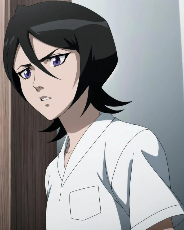 ((best quality)), ((highly detailed)), masterpiece, (detailed eyes, deep eyes), (1girl), upper body, <lora:bleachRukia_v10:.8>, kuchiki rukia, short hair, black hair, purple eyes, small breasts, <lora:dcau_fantasy_offset:.9>