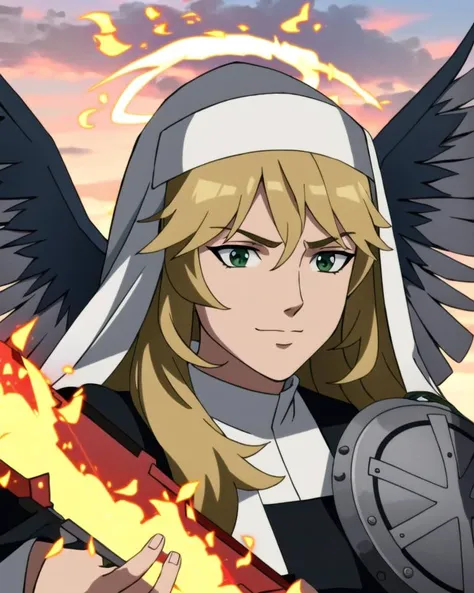 ((best quality)), ((highly detailed)), masterpiece, extremely detailed face, beautiful face, (detailed eyes, deep eyes), (1girl), upper body, ((archangel with a flaming sword and a shield)), angelic, large white wings, symmetrical wings, (halo), golden glo...