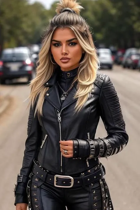 a woman in black leather jacket and pants walking down the street