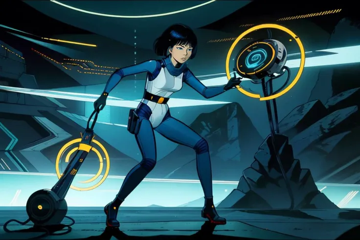 Yoko Tsuno, black and blue glowing bodysuit, in a Tron game arena, action pose, holding a glowing blue disc, 1girl, solo, (alone), movie still, ultra high res, ultra detailed, masterpiece, crystal clear, sharp focus, futuristic, science fiction, Style-Tron...