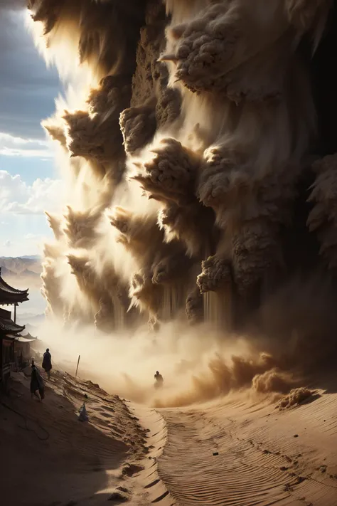 (dramatic, gritty, intense:1.4), masterpiece, best quality, 8k, insane details, intricate details, hyperdetailed, hyper quality, high detail, ultra detailed, Masterpiece, scenery, desert, (2), sandstorm, sunlight, light rays, pagoda, bestquality, highdefin...