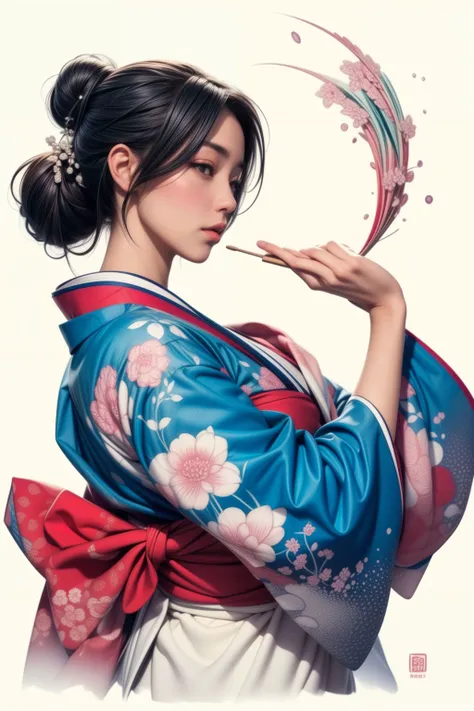 (Best quality, 8k, 32k, Masterpiece, UHD:1.2), ((J.A.W. Cooper)), Katsushika Hokusai-inspired illustration art, majestic Mount Fuji as the backdrop, woman adorned in traditional Japanese attire, serene and contemplative expression, delicate and flowing bru...