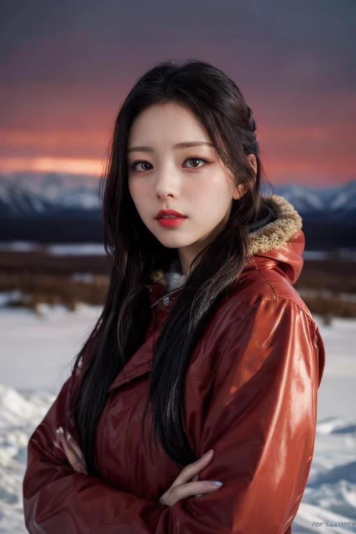 Best quality, 8k, perfect lighting, masterpiece, ultra high res, (photorealistic:1.4), raw photo,1girl, solo, realistic, looking at viewer, upper body, detailed arctic background,  dark red winter clothes, dynamic pose, snow, snowflakes, night, aurora sky,...