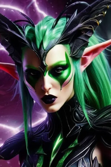 a close up of a woman with green hair and green eyes