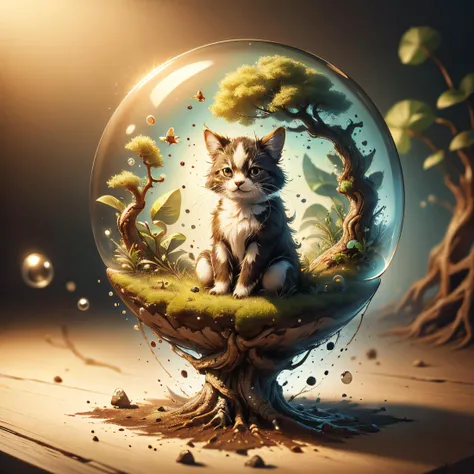 a close up of a cat sitting on a tree inside a glass ball