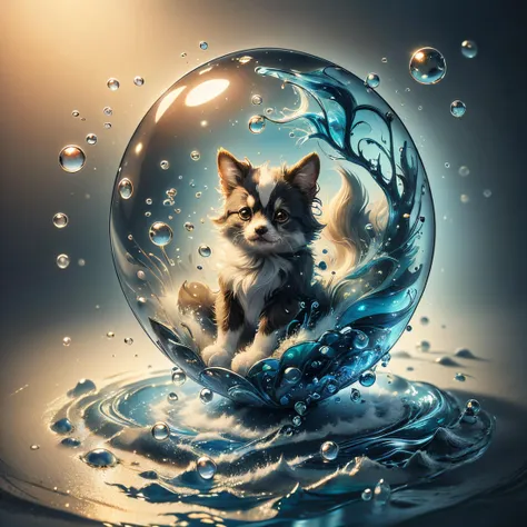 a close up of a cat inside a bubble on a water surface