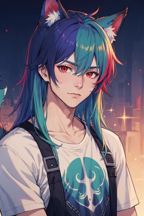 a girl with blue hair and a cat ears stands in front of a city