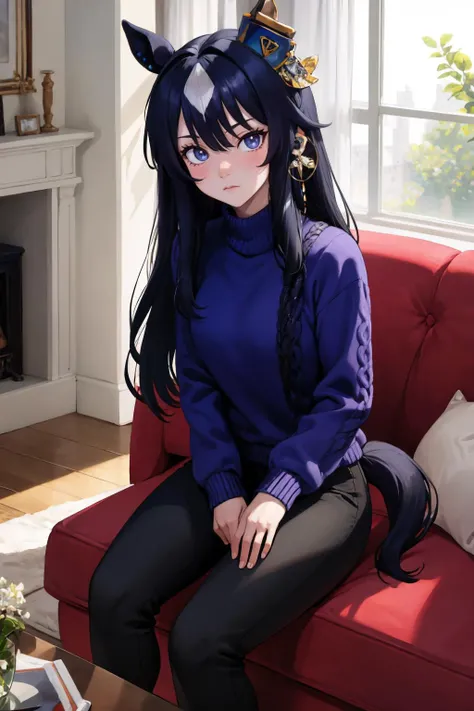 masterpiece, best quality, solo, 1girl, verxina, expressionless, looking at viewer, sitting, couch, hair ornament, horse ears, blue sweater, long sleeves, black pants, horse tail, earrings, indoors, living room <lora:umamusume_verxina-10:0.8>