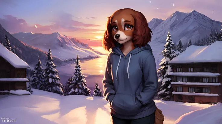 photorealistic painting art by midjourney and greg rutkowski, by foxovh, female ((anthro, humanoid)), (cocker spaniel:1.2), (Detailed face), ((solo, skinny)), hoodie, winter, mountains