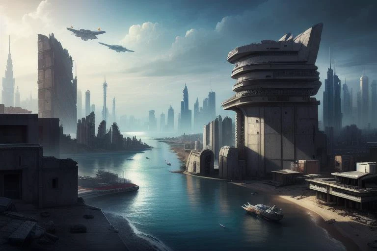 (masterpiece, best quality, detailed, photorealistic, 8K), story, best composition, art station, cloudy sky, spacecraft, cyberpunk city in water, architecture, ruins, sea, <lora:duobackground:1>, <lora:add_detail:0.7>