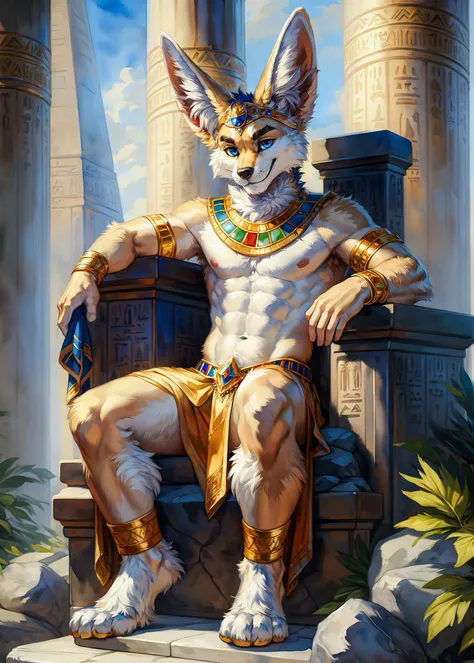 detailed watercolor paint of handsome  male fluffy anthro (fennec:1.1), (detailed expressive face, seductive smile, detailed clear eyes:1.2), fur texture, digital media, e621 by foxovh, ross tran, michael garmash, pino daeni, solo, mage, sorcerer, Egyptian...