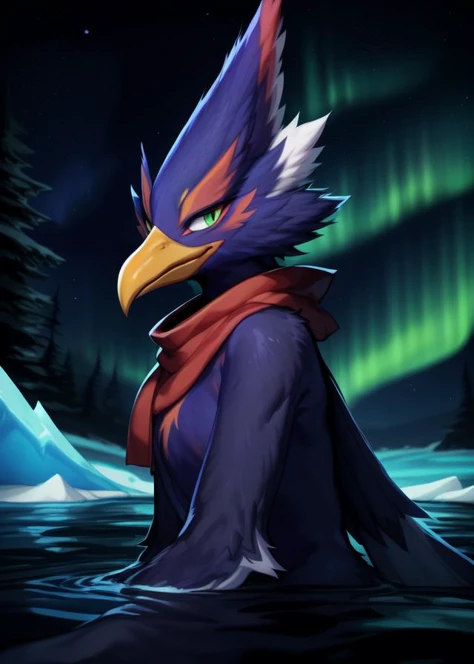 [:(by Xeono, by Bebebebebe, by Shuuko, by Sususuigi):0.35],
solo feral avian (revali:1.35), (green eyes, yellow beak, fluffy:1.15),
(red scarf, kneeling, half-length portrait, three-quarter view, looking at viewer),
BREAK,
(dark room, partially submerged, ...