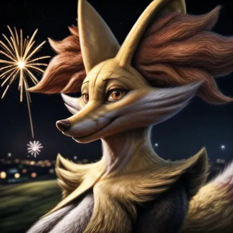 a close up of a fox with a fireworks in the background