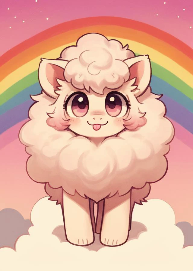 by Birdpaw (artist), by Butterchalk, by Daftpatriot, my little pony, quadruped feral chibi toony (fluffle puff:1.25), pony, excessive fluff, (blep, short limbs, full-length portrait:1.25), BREAK, pink sky, (rainbow:1.25), cloud, star-shaped background, mas...