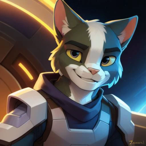 <lora:avocato_v1.0 netdim 96_:1>,solo,male,anthro,domestic cat,avocato,looking at viewer,smile,happy,detailed background space ship,hi-res,by snowskau,by zaush,