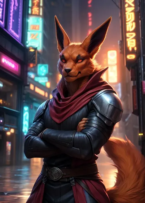 (by Personalami, by Honovy, by Thebigslick, by Taran Fiddler),
solo muscular male ((kurama), fluffy tail, crossed arms),
(wear red cloak, black soft armor, belt),
(half-length portrait, looking at viewer:1.3),
BREAK,
night city street, cyberpunk, neon ligh...