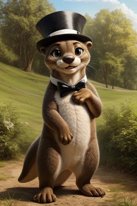 (photorealism), (sfw, clean, wholesome:1.1), solo (feral otter), (standing upright), (wearing tall tophat, wearing black bowtie:1.2), (smiling at viewer), very cute, outdoors, (best quality, 4k)