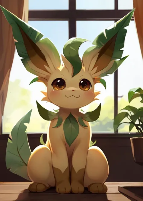 (by Youjomodoki, by Kiyosan, by Victo Ngai), feral chibi (toony, leafeon, :3:1.25), black dot eyes, sitting, full-length portrait, front view, close-up, BREAK, room, window, plant, table, blue sky, inside, ambient silhouette, backlighting, detailed backgro...