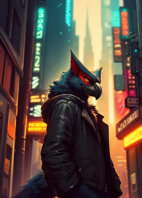 (by Majmajor, by Pockyrumz, by Xenoguardian:1.25), anthro (nargacuga:1.25), black jacket, jewelry, (vr headset), half-length portrait, three-quarter view, looking at viewer, low-angle view, BREAK, blade runner 2049, city scape, day, street, detailed backgr...